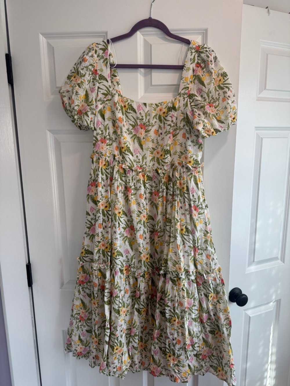 Aura White Floral Midi Dress with Pink and Yellow Flowers